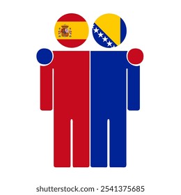 Flat illustration of two human figures with Spain, Bosnia and Herzegovina flags as heads. Minimalistic design, isolated background.