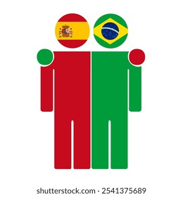 Flat illustration of two human figures with Spain and Brazil flags as heads. Minimalistic design, isolated background.