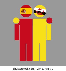 Flat illustration of two human figures with Spain and Brunei Darussalam flags as heads. Minimalistic design, isolated background.