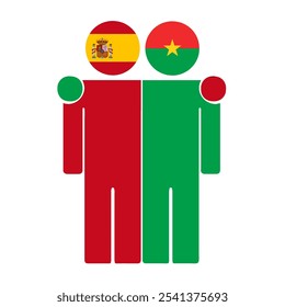 Flat illustration of two human figures with Spain and Burkina Faso flags as heads. Minimalistic design, isolated background.