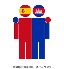 Flat illustration of two human figures with Spain and Cambodia flags as heads. Minimalistic design, isolated background.