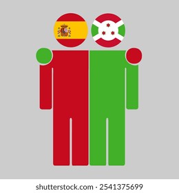 Flat illustration of two human figures with Spain and Burundi flags as heads. Minimalistic design, isolated background.