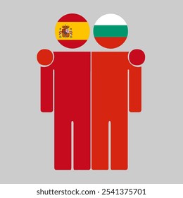 Flat illustration of two human figures with Spain and Bulgaria flags as heads. Minimalistic design, isolated background.