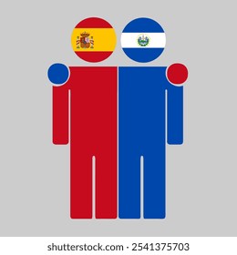 Flat illustration of two human figures with Spain and El Salvador flags as heads. Minimalistic design, isolated background.