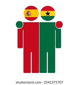 Flache Illustration von zwei menschlichen Figuren mit Spanien- und Ghana-Flaggen als Köpfe. Minimalistisches Design, isolierter Hintergrund.