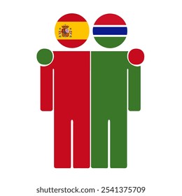 Flat illustration of two human figures with Spain and Gambia flags as heads. Minimalistic design, isolated background.