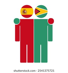 Flat illustration of two human figures with Spain and Guyana flags as heads. Minimalistic design, isolated background.