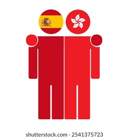 Ilustração plana de duas figuras humanas com bandeiras da Espanha e de Hong Kong como cabeças. Design minimalista, fundo isolado.