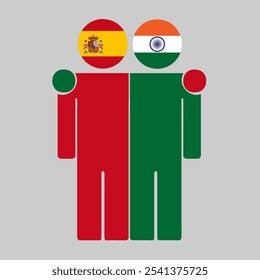 Flat illustration of two human figures with Spain and India flags as heads. Minimalistic design, isolated background.