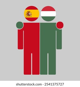 Flat illustration of two human figures with Spain and Hungary flags as heads. Minimalistic design, isolated background.