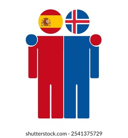 Ilustração plana de duas figuras humanas com bandeiras da Espanha e da Islândia como cabeças. Design minimalista, fundo isolado.