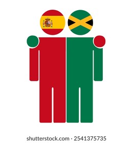 Flat illustration of two human figures with Spain and Jamaica flags as heads. Minimalistic design, isolated background.