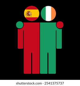 Flat illustration of two human figures with Spain and Ireland flags as heads. Minimalistic design, isolated background.