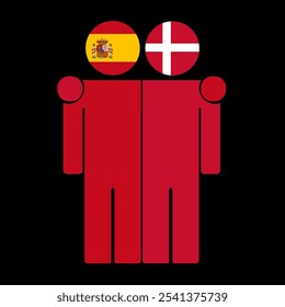 Flat illustration of two human figures with Spain and Denmark flags as heads. Minimalistic design, isolated background.