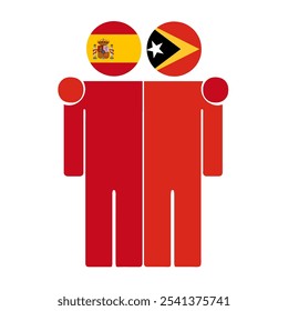 Ilustração plana de duas figuras humanas com a Espanha e Timor Leste bandeiras como cabeças. Design minimalista, fundo isolado.