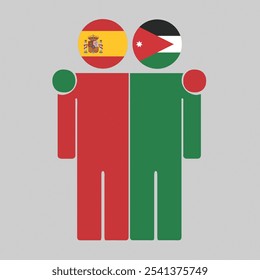 Ilustração plana de duas figuras humanas com a Espanha e a Jordânia bandeiras como cabeças. Design minimalista, fundo isolado.