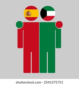 Flat illustration of two human figures with Spain and Kuwait flags as heads. Minimalistic design, isolated background.