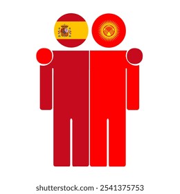 Flat illustration of two human figures with Spain and Kyrgyzstan flags as heads. Minimalistic design, isolated background.