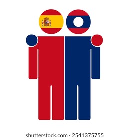 Ilustração plana de duas figuras humanas com bandeiras da Espanha e do Laos como cabeças. Design minimalista, fundo isolado.