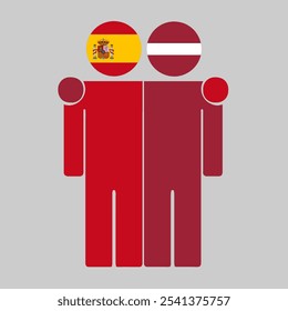 Flat illustration of two human figures with Spain and Latvia flags as heads. Minimalistic design, isolated background.