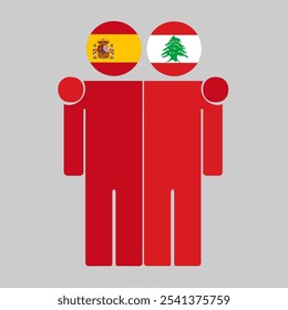 Flat illustration of two human figures with Spain and Lebanon flags as heads. Minimalistic design, isolated background.