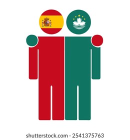 Flat illustration of two human figures with Spain and Macau China flags as heads. Minimalistic design, isolated background.