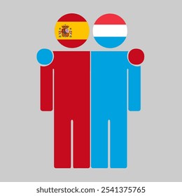 Flat illustration of two human figures with Spain and Luxembourg flags as heads. Minimalistic design, isolated background.