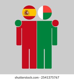 Ilustração plana de duas figuras humanas com a Espanha e Madagáscar bandeiras como cabeças. Design minimalista, fundo isolado.