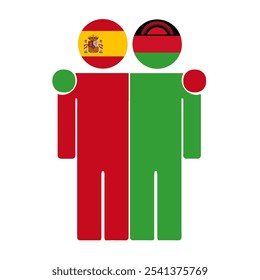 Flat illustration of two human figures with Spain and Malawi flags as heads. Minimalistic design, isolated background.