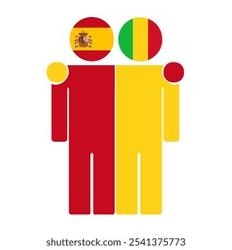 Flat illustration of two human figures with Spain and Mali flags as heads. Minimalistic design, isolated background.