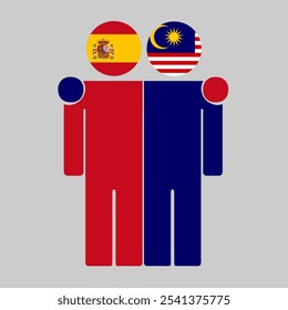 Flat illustration of two human figures with Spain and Malaysia flags as heads. Minimalistic design, isolated background.