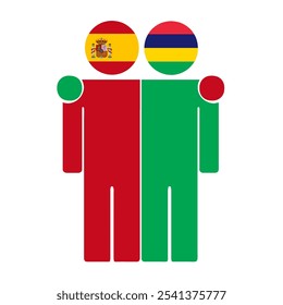 Flat illustration of two human figures with Spain and Mauritius flags as heads. Minimalistic design, isolated background.