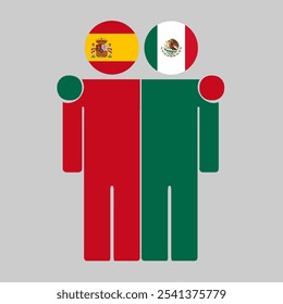 Flat illustration of two human figures with Spain and Mexico flags as heads. Minimalistic design, isolated background.