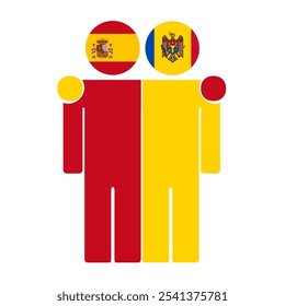 Flat illustration of two human figures with Spain and Moldova flags as heads. Minimalistic design, isolated background.