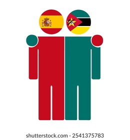 Flat illustration of two human figures with Spain and Mozambique flags as heads. Minimalistic design, isolated background.