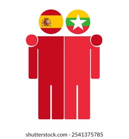 Flat illustration of two human figures with Spain and Myanmar flags as heads. Minimalistic design, isolated background.