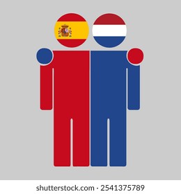 Flat illustration of two human figures with Spain and Netherlands flags as heads. Minimalistic design, isolated background.