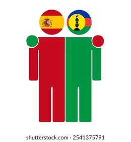 Flat illustration of two human figures with Spain and New Caledonia flags as heads. Minimalistic design, isolated background.