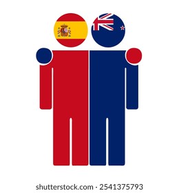 Flat illustration of two human figures with Spain and New Zealand flags as heads. Minimalistic design, isolated background.