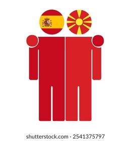 Flat illustration of two human figures with Spain and North Macedonia flags as heads. Minimalistic design, isolated background.