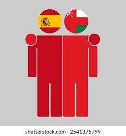 Flat illustration of two human figures with Spain and Oman flags as heads. Minimalistic design, isolated background.