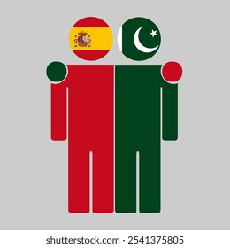 Flat illustration of two human figures with Spain and Pakistan flags as heads. Minimalistic design, isolated background.