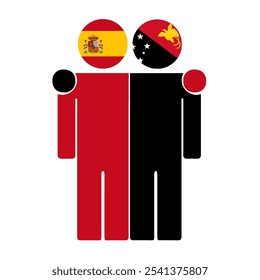 Ilustración plana de dos figuras humanas con banderas de España y Papúa Nueva Guinea como cabezas. Diseño minimalista, fondo aislado.