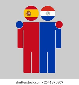 Flat illustration of two human figures with Spain and Paraguay flags as heads. Minimalistic design, isolated background.