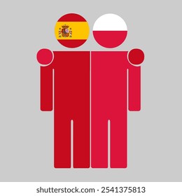 Flat illustration of two human figures with Spain and Poland flags as heads. Minimalistic design, isolated background.