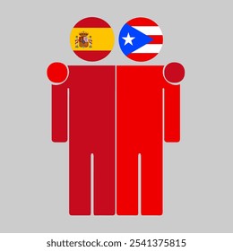 Flat illustration of two human figures with Spain and Puerto Rico flags as heads. Minimalistic design, isolated background.