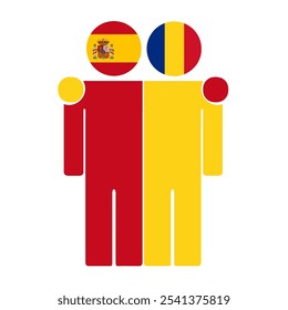 Flat illustration of two human figures with Spain and Romania flags as heads. Minimalistic design, isolated background.