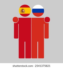 Flat illustration of two human figures with Spain and Russia flags as heads. Minimalistic design, isolated background.