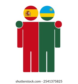 Flat illustration of two human figures with Spain and Rwanda flags as heads. Minimalistic design, isolated background.