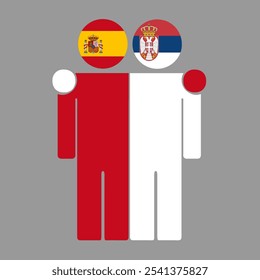 Flat illustration of two human figures with Spain and Serbia flags as heads. Minimalistic design, isolated background.